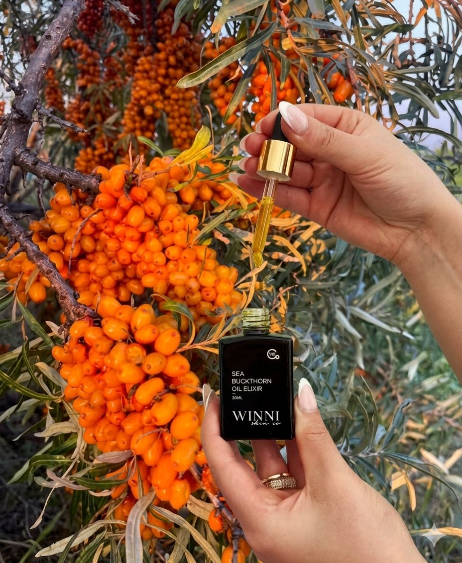 Winni Skin Co Sea Buckthorn Oil Elixir bottle and golden oil dropper held beside orange sea buckthorn berries.